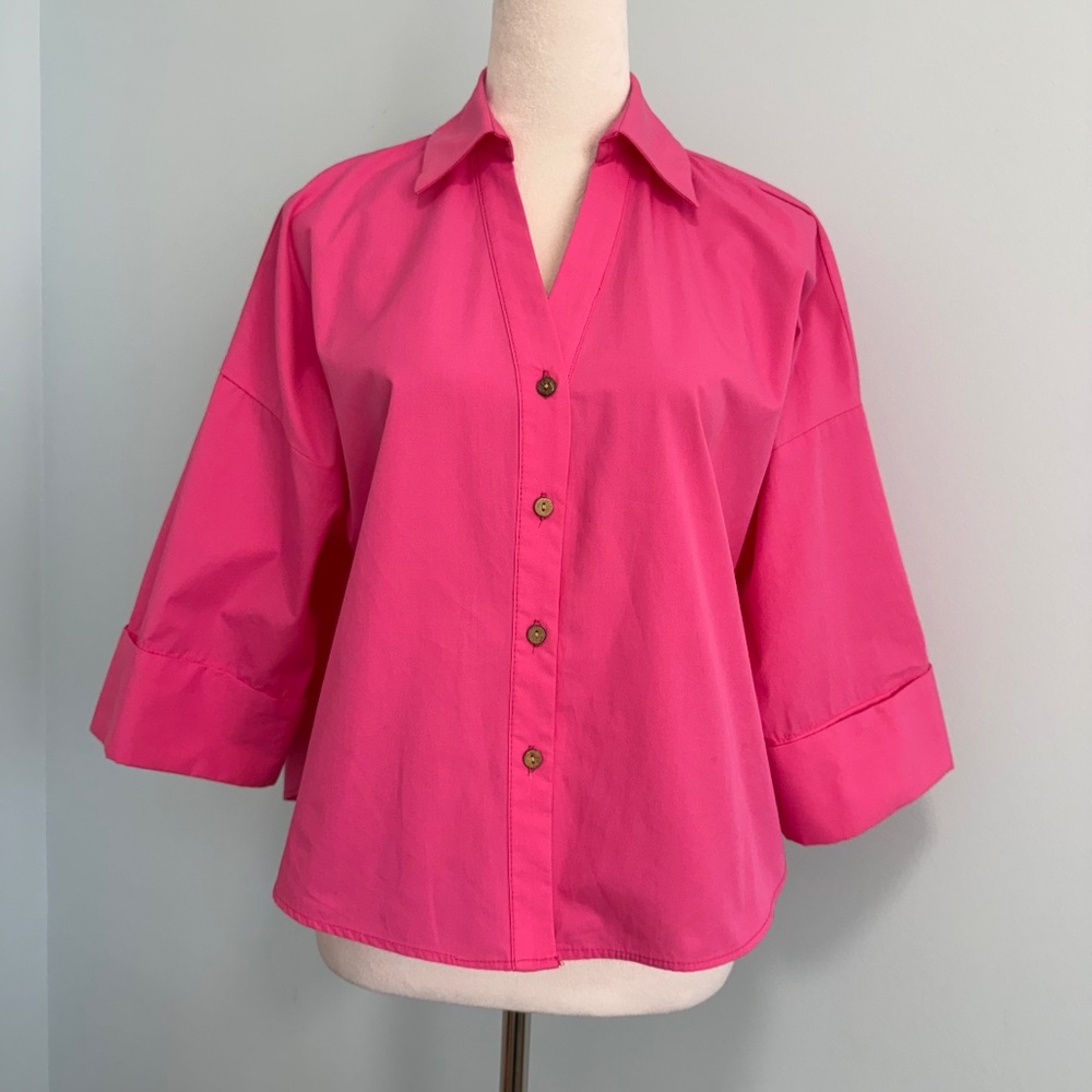 Zara 3/4 Sleeve Button Down Hot Pink Cotton Blouse Size XS